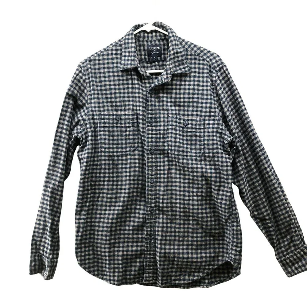 J. Crew Flannel Shirt‎ Mens M Blue Gray Check Plaid Cotton Long Sleeve